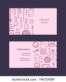 Vector business card template for beauty brand or makeup artist with monochrome hand drawn sketched makeup background illustration