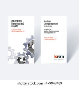 Vector business card template with blue gear and polygonal background for engineering, construction and hi-tech. Simple and clean design. Creative corporate identity layout.