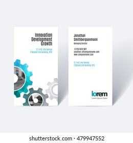 Vector business card template with blue gear and polygonal background for engineering, construction and hi-tech. Simple and clean design. Creative corporate identity layout.