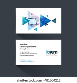 Vector business card template with blue moving triangles and arrows for business, construction, engineering. Simple and clean design. Creative corporate layout.