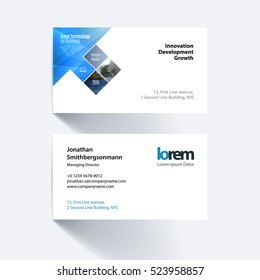 Vector business card template with blue rectangles, squares, diagonal house window for real estate, business, building. Simple and clean design. Creative corporate identity layout.