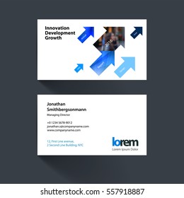 Vector business card template with blue diagonal positive arrows, triangles for eco, business, tech. Simple and clean design set. Creative corporate identity layout set with effects.