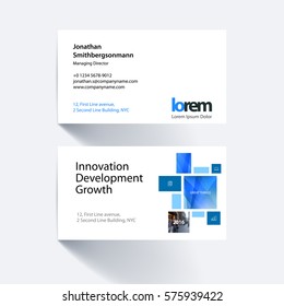 Vector business card template with blue rectangles, squares for eco, business, tech. Simple and clean design. Creative corporate identity layout set with effects.