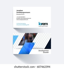 Vector business card template with blue diagonal, rectangular shapes for eco, business, tech. Simple and clean design. Creative corporate identity layout set with effects.
