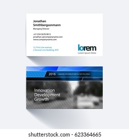 Vector business card template with blue abstract rectangular shapes for construction, teamwork. Simple and clean design. Creative corporate identity layout set with effects.