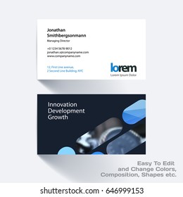 Vector business card template with blue rounded rectangles for tech, market, construction, company. Simple and clean design. Creative corporate identity layout set with effects.