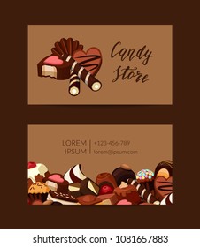 Vector business card template with cartoon chocolate candies for pastry shop