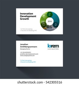 Vector business card template with circle round diagram for IT, business, technology. Simple and clean design. Creative corporate identity layout set with overlay effect.