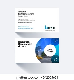 Vector business card template with circle round diagram for IT, business, technology. Simple and clean design. Creative corporate identity layout set with overlay effect.