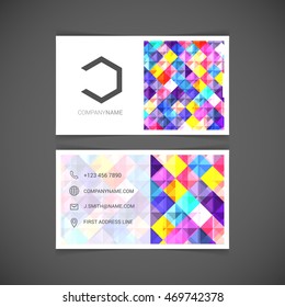 Vector business card template with Colorful triangles in polygonal. Minimal, simple and clean design. Creative business card corporate layout.