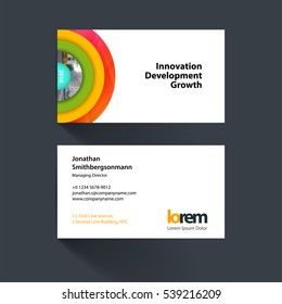 Vector business card template with colourful half target, rainbow, circles, rounds for IT, business, beauty. Simple and clean design. Creative corporate identity layout set.