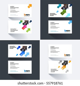 Vector business card template with colourful diagonal positive arrows, triangles for eco, business, tech. Simple and clean design set. Creative corporate identity layout set with effects.