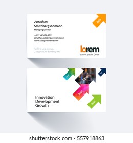 Vector business card template with colourful diagonal positive arrows, triangles for eco, business, tech. Simple and clean design set. Creative corporate identity layout set with effects.
