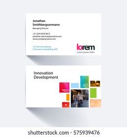 Vector business card template with colourful rectangles, squares for eco, business, tech. Simple and clean design. Creative corporate identity layout set with effects.