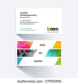 Vector business card template with colourful dynamic geometric shapes for eco, business, tech. Simple and clean design. Creative corporate identity layout set with effects.
