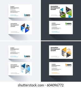 Vector business card template with colourful hexagonal, triangular shapes for eco, business, tech. Simple and clean design. Creative corporate identity layout set with effects.
