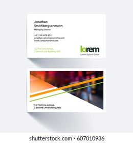 Vector business card template with colourful diagonal, triangular shapes for eco, business, tech. Simple and clean design. Creative corporate identity layout set with effects.