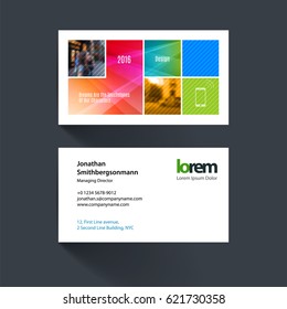 Vector business card template with colourful abstract rectangular shapes for construction, teamwork. Simple and clean design. Creative corporate identity layout set with effects.