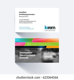 Vector business card template with colourful abstract rectangular shapes for construction, teamwork. Simple and clean design. Creative corporate identity layout set with effects.