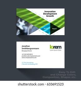 Vector business card template with colourful triangles, lines, circles, shapes for tech, market, construction, company. Simple and clean design. Creative corporate identity layout set with effects.