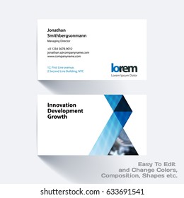 Vector business card template with colourful triangles, lines, circles, shapes for tech, market, construction, company. Simple and clean design. Creative corporate identity layout set with effects.
