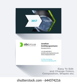 Vector business card template with colourful rectangles, arrows, shadows for tech, market, construction, company. Simple and clean design. Creative corporate identity layout set with effects.