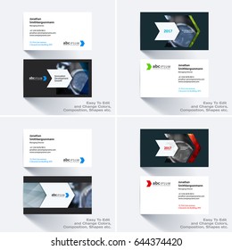 Vector business card template with colourful rectangles, arrows, shadows for tech, market, construction, company. Simple and clean design. Creative corporate identity layout set with effects.