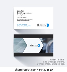 Vector business card template with colourful rectangles, arrows, shadows for tech, market, construction, company. Simple and clean design. Creative corporate identity layout set with effects.