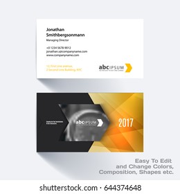 Vector business card template with colourful rectangles, arrows, shadows for tech, market, construction, company. Simple and clean design. Creative corporate identity layout set with effects.