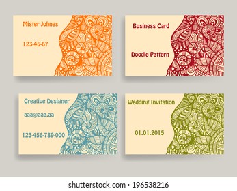 Vector business card template with doodle floral pattern , original design, hobo std font in examples, mesh and transparency effects in shadows