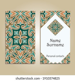 Plantilla de tarjeta de visita de vectores. Ornamentos de etnia asiática. Diseño ornamental de estilo oriental. Motivos geométricos y florales