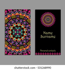 Vector business card template. Ethnic tribal ornaments. Mandala patterns. Boho style. Geometric and floral motifs