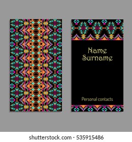 Vector business card template. Ethnic tribal ornaments. Boho style. Geometric striped motifs