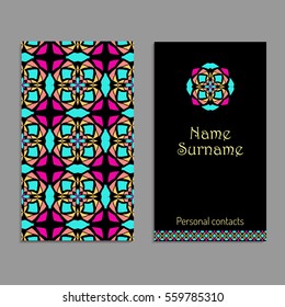 Vector business card template. Ethnic tribal ornaments with mandala patterns. Boho style. Geometric and floral motifs