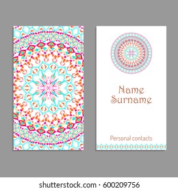 Vector business card template. Ethnic tribal ornaments. Mandala patterns. Boho style. Geometric and floral motifs