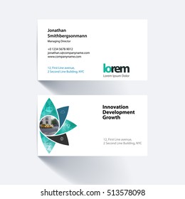 Vector business card template with geometric flower shapes, polygons for science, natural organic idea. Simple and clean design. Creative corporate identity layout.