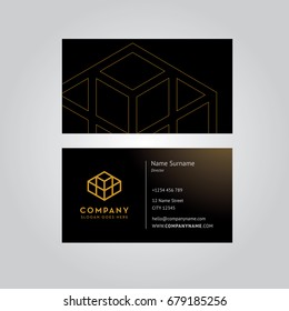 Vector business card template with gold rectangles, for real est