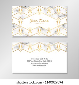 Vector business card template with golden art deco pattern on white and marble background.