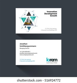 Vector business card template with green triangular shapes, triangles, polygons, mesh for science, travel, network. Simple and clean design. Creative corporate identity layout.