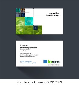 Vector business card template with green rectangular shapes, squares, lines, rounds for IT, business, building. Simple and clean design. Creative corporate identity layout.
