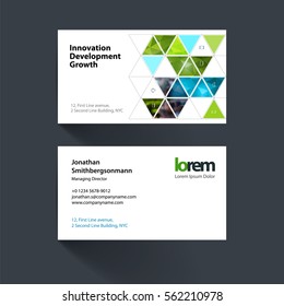 Vector business card template with green diagonal positive arrows, triangles for eco, business, tech. Simple and clean design set. Creative corporate identity layout set with effects.