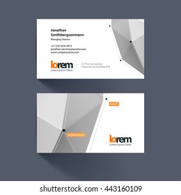 Vector business card template with grey triangles in polygonal style with grid hi-tech communication future concept. Minimal, simple and clean design. Creative corporate layout.