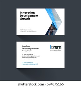 Vector Business Card Template With Grey Arrows, Triangles For Eco, Business, Tech. Simple And Clean Design. Creative Corporate Identity Layout Set With Effects.