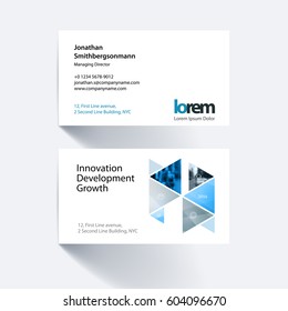 Vector business card template with grey hexagonal, triangular shapes for eco, business, tech. Simple and clean design. Creative corporate identity layout set with effects.