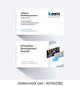 Vector business card template with grey diagonal, rectangular shapes for eco, business, tech. Simple and clean design. Creative corporate identity layout set with effects.
