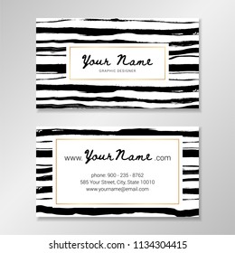 Vector business card template with hand painted  black brush stripes on white background.