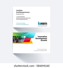 Vector business card template with many colourful rectangles, banners for eco, business, tech. Simple and clean design. Creative corporate identity layout set with effects.