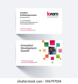 Vector business card template with many colourful rectangles, squares for eco, business, tech. Simple and clean design. Creative corporate identity layout set with effects.