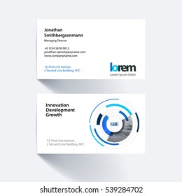 Vector business card template with particles, circles, segments of rounds for IT, business, strategy. Simple and clean design. Creative corporate identity layout set.