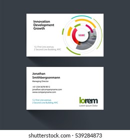 Vector business card template with particles, circles, segments of rounds for IT, business, strategy. Simple and clean design. Creative corporate identity layout set.